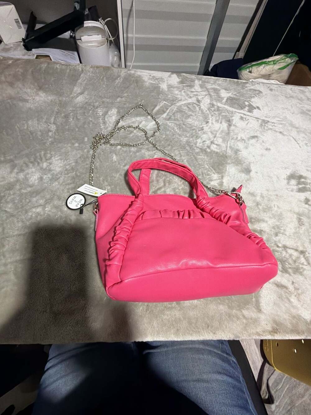 Olivia & Kate Pink Vegan Leather Satchel with Chain Strap and Ruffled Detail